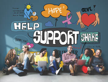 Group of people sitting on ground with blue wall with graphics of help, support & share